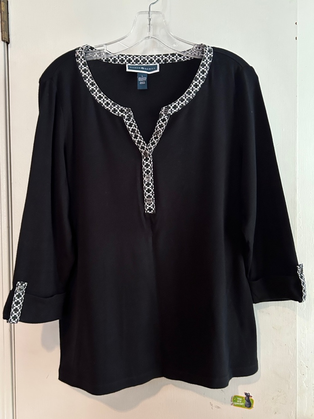 Karen Scott Black Tunic with Geometric Contrast Trim